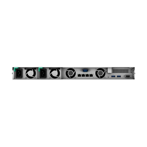 Rackstation Rs1619xs Plus Nas Server With Intel Xeon D1527 Quad Core Sixty Four Gb Ecc Ram Thirty Two Tb Ssd Storage And Two Tb M2 Nvme Cache Crushes Heavy Data Workloads Like A Boss back view showcasing ports and cooling fans.