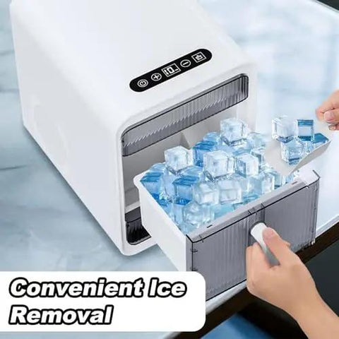 Hassle Free Self Cleaning Countertop Ice Maker Making Chunky Ice In Ten Minutes Flat with convenient ice removal feature.