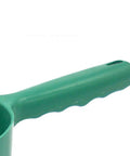 Close-up of green All-Purpose Plastic Garden Soil Scoop Shovel handle with hanging hole, lightweight portable digging tool for easy planting.