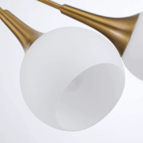 Close-up of frosted globe on Six Light Sputnik Pendant Light Modern Mid Century Chandelier Semi Flush Mount Ceiling Fixture Industrial Vintage Dope Gold Finish.