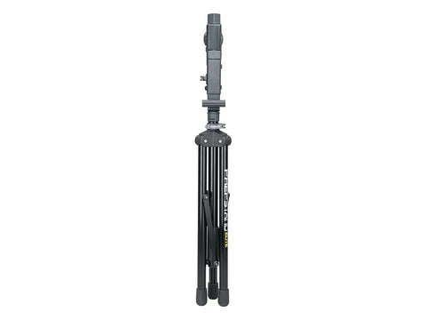 Elite Bike Repair Stand with Built In Parts Bin Stable Tripod Design 360 Degree Rotating Clamp Head Non Marking Rubber Jaws folded view