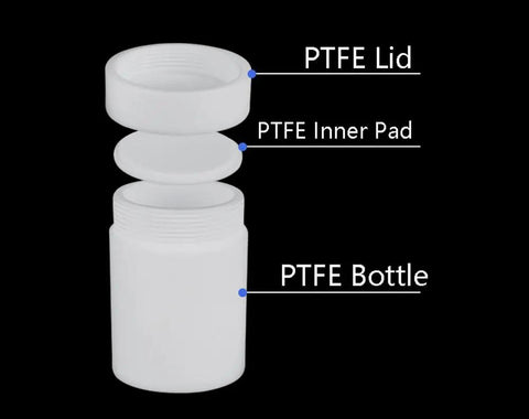 Top Shelf PTFE Centrifuge Tube With Tight Screw Cap And Secure Seal Pad For Legit Acid Alkali Resistant Lab Testing Solvent Proof Samples In 250 Milliliter Capacity, showing components including PTFE lid, inner pad, and bottle.