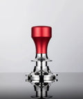 Heavy Duty Adjustable Coffee Tamper With Flat Base And Custom Sizes Made From Food Grade Stainless Steel, red handle, stainless steel base.