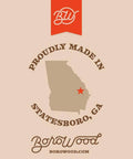 Borowood birch wood round label with Georgia map and red star, Borowood logo, Proudly Made in Statesboro, GA