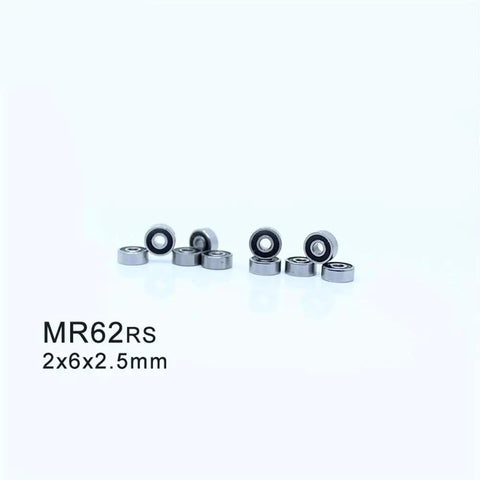 MR62RS 2RS sealed ball bearings, 2x6x2.5mm size, shown in set of 8, black finish, for RC hobbyists cars and trucks.