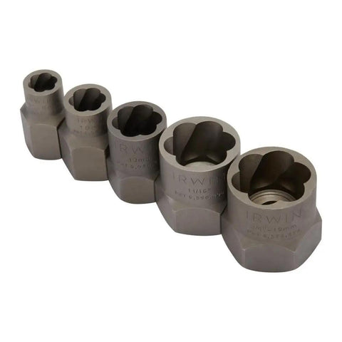 Bolt Extractor Set 5 Piece Kit for Removing Rounded, Rusted, or Painted Over Bolts with Reverse Spiral Flutes, high carbon steel