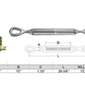 Heavy-Duty Drop Forged 1 1/4 By 12 Inch Eye To Eye Turnbuckle Made From Real Deal 316 Stainless Steel To Kick Butt On Saltwater Jobs While Handling 12500 Pounds WLL Safely with dimensions and spec details.