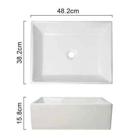 USZWBY Vessel Sinks Modern Minimalist Home Balcony Ceramic Wash Basin Bathroom Square Flat Bottom Countertop Bathroom Bowl Sink top and side view dimensions.