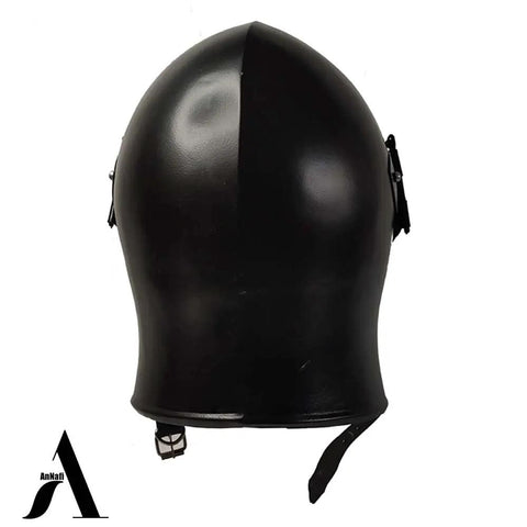 Back view of Old School Visored Barbuta Black Helmet For LARP SCA Cosplay Medieval Knight Templar Viking Battle Armor with liner