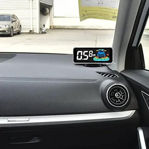Backup Parking Sensor System For Your Ride With Front And Rear Sensors displayed on car dashboard with LCD and distance shown.