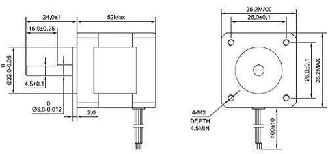 Front and side views of a NEMA 14 high-torque stepper motor, 1.5A, 56.7 oz-in (40 Ncm), 4-lead for 3D printers
