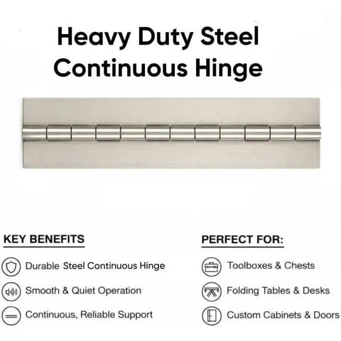 Dope Heavy Duty Steel Continuous Hinge Runs Sixty Inches Long With A Stout Two Inch Width And Smooth Plain Steel Setup.