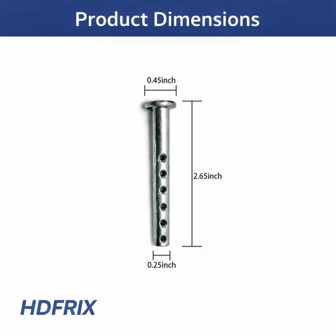Clevis Pin 1/4 By 2-1/2 Inch With Hairpin Clip, Heavy Duty R Clip Cotter Pin, 2 Pack For Trailer Hitch And Equipment, Fits Most Clevis Pin Hitches, Lawn Mower Ready, Carbon Steel Construction To Withstand Bends And Wear. Product dimensions diagram showing 1/4 x 2-1/2 inch clevis pin.