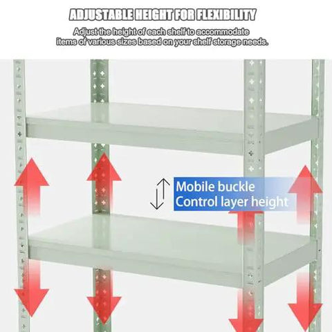 Adjustable Three Tier Metal Storage Shelves Free Standing Garage And Kitchen Shelving Unit Heavy Duty Carbon Steel Organizer Rack For Home Office showing height adjustment feature and mobile buckle.