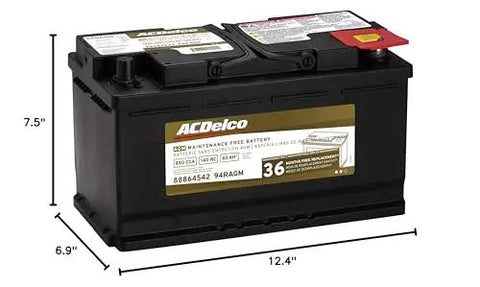 Gold Series 94R AGM Battery With 36 Month Warranty, measuring 12.4 x 6.9 x 7.5 inches, designed for cars and SUVs