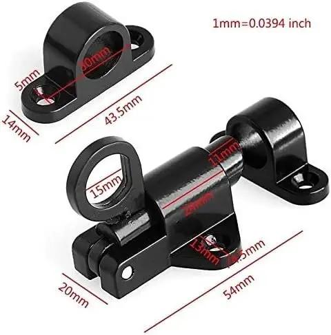 Tough As Nails Aluminum Spring Loaded Sliding Door Lock Latch With Rock Solid Grip And Pull Ring, showing black metal latch dimensions.