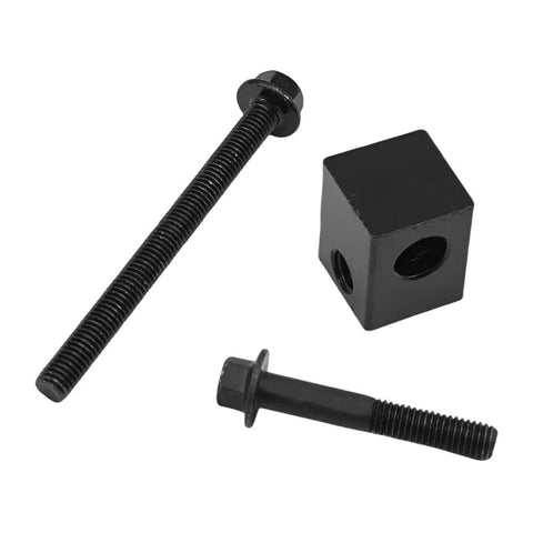 Premium Alternator Belt Tensioner Pulley Adjuster Kit hardware including bolts and a steel block for Hyundai Elantra and Kia Rio.