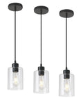 Dimmable Black Farmhouse Glass Cylinder Pendant Light for Kitchen Island Clear Glass Mini Pendant Fixture with 4.75 Inch Shade and Dual 58 Inch Cords Ideal for Modern Dining and Bar Areas Pack of 3, front view.