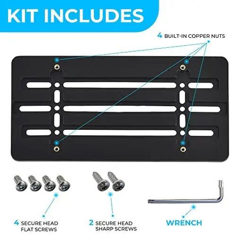 Audi Front Bumper License Plate Bracket With 6 Unique Screws And Wrench Kit for 2000 to 2025 Audi Models, kit components displayed