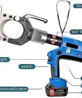 Heavy Hitting Electric Hydraulic Cable Cutter And Wire Crimper With Bright LED Screen and Swap Ready Battery showing 360° rotatable cutter head and features.