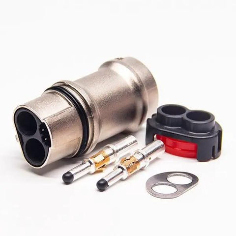 Heavy Duty 2 Pin 35A Electric Vehicle Connector With Metal Shell And IP67 Waterproof Sealing For EV HEV High Voltage Systems, showcasing two copper pins.