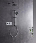 Premium Wall Mounted Shower System Complete Bathroom Faucet Kit Featuring Rain Head And Handheld Sprayer, Five Meter Hose, Solid Valve Core, Kick Back Relaxation Ready, No Sweat Install And Crisp Water Flow, mounted on dark tiled wall with a handheld shower.