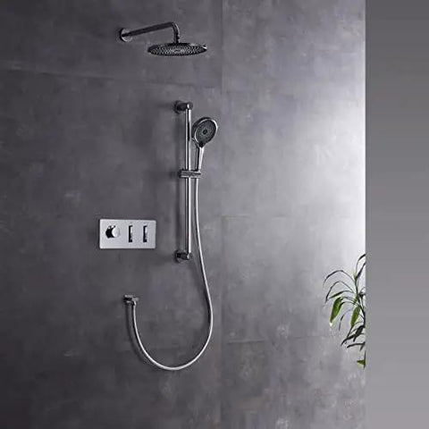 Premium Wall Mounted Shower System Complete Bathroom Faucet Kit Featuring Rain Head And Handheld Sprayer, Five Meter Hose, Solid Valve Core, Kick Back Relaxation Ready, No Sweat Install And Crisp Water Flow, mounted on dark tiled wall with a handheld shower.