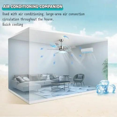 Slick Remote Control Ceiling Fan With Five Sleek Blades And Hella Quiet Operation For Serious Air Moves Modern Black Stainless Steel Design in a living room setting.