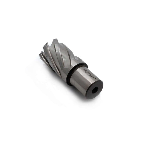 Oscarbide annular cutter, angled view, 15/16 in diameter, 1 in length, Weldon 3/4 in shank for magnetic drill press