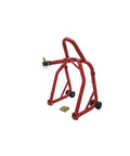 Motorcycle Front Wheel Lift Stand Red for no fuss fork maintenance, fits most sport bikes, durable wheels, quick assembly, with stem pins