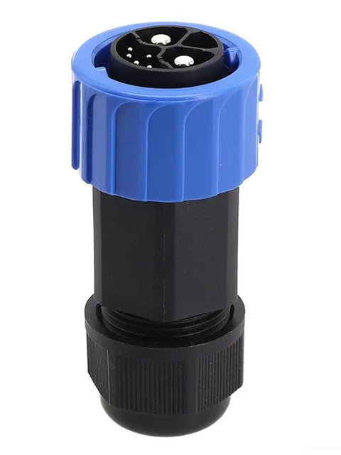 Beast Mode Waterproof M23 Connector With IP67 Rating For Outdoor Motorcycle And Ebike Charger Sockets featuring a blue male plug design.