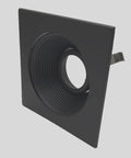 4" Low Voltage recessed Lighting Satin Stepped Baffle Black Trim close-up view with square design and ring texture.