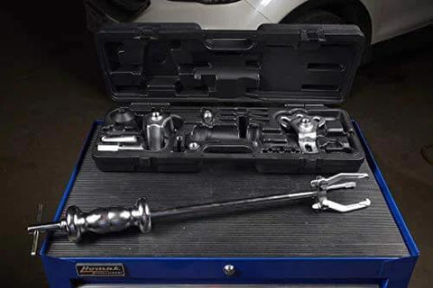 9 Way Slide Hammer Puller Set Heavy Duty Black Finish with Internal and External Jaws displayed on a tool cart
