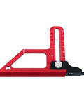 Rock Solid Aluminum Height Gauge And Table Saw Push Block With Dead On 0 To 60 Millimeter Adjustment, Integrated Metric And Imperial Scale, Heavy Duty Cutting Guide For Routers And Drill Presses angle showing dials and red aluminum body.