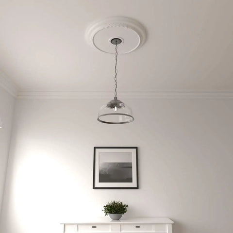 Ceiling Medallion For Canopies Up To 4 3 Eighth Inch, Outside Diameter 24 1 Eighth Inch, Inside Diameter 4 3 Eighth Inch, Projection 2 1 Quarter Inch, Lightweight And Factory Primed For Easy Install above a hanging light fixture