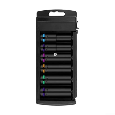 Half Inch Pneumatic Socket Set, 6 Piece Deep Sockets In Chrome Vanadium Steel, 10mm To 21mm, Black Phosphate in storage case