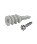 Heavy Duty Self Drilling Drywall Anchors With One Inch Screws, Zero Hassle Setup For Hollow Walls, Grips Tight On Three Quarter Half Five Eighth Boards, Killer Hold Easy Removal - white plastic anchor and steel screw.