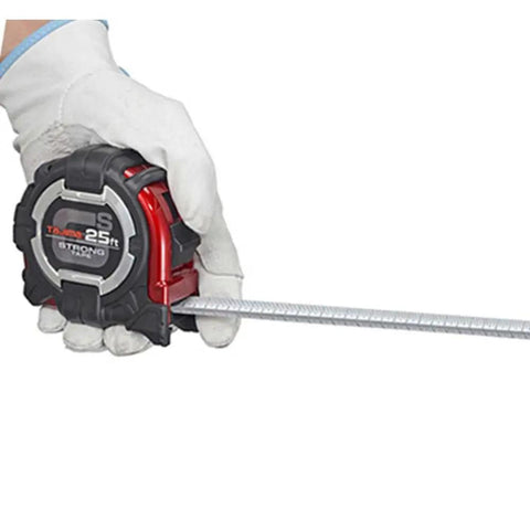 Heavy Duty 25 Ft Tape Measure One And One Sixteenth Inch GS Lock Measuring Tape with shock-resistant case, held by gloved hand.