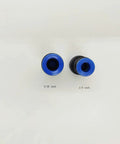 Top view of 5/16 Inch To 1/4 Inch Pneumatic Push To Connect Fittings, Straight Reducer Union, blue color, plastic and stainless steel.
