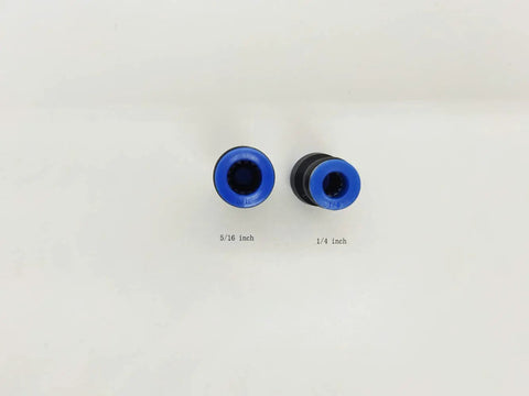Top view of 5/16 Inch To 1/4 Inch Pneumatic Push To Connect Fittings, Straight Reducer Union, blue color, plastic and stainless steel.