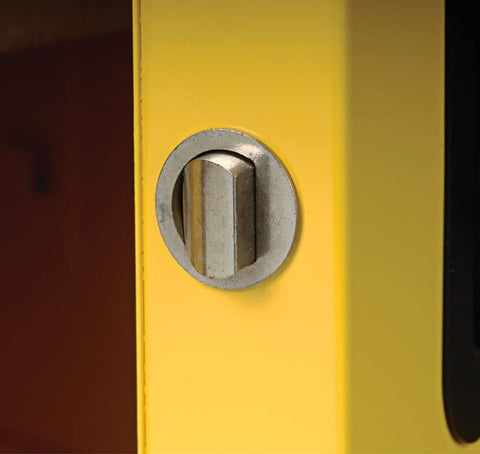 Close-up of the secure locking mechanism on Built Different 90 Gallon Flammable Liquid Safety Cabinet with double wall design.