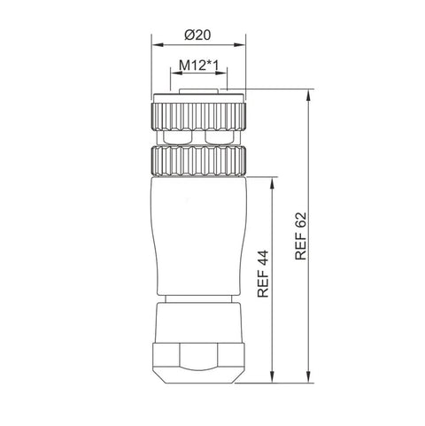 Technical drawing of M12 A Code Waterproof Circular Cable Connector With Field Installable Screw Termination Unshielded Straight 8 Pin Female Aviation Plug