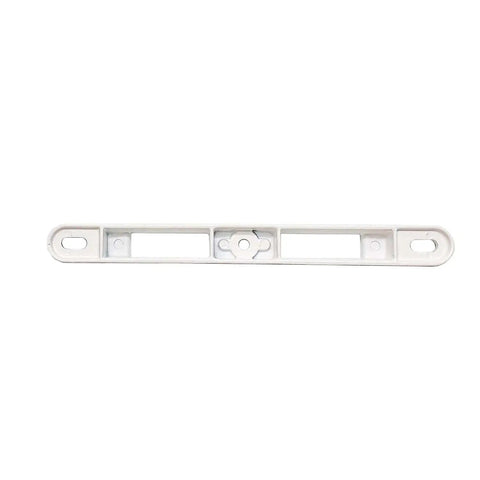 Front view of Two Point Mortise Strike For White Finish Patio Door Handles Zinc Diecast Keeper Works With Interlock Two Point Mortise Lock Roto Patio Door Application Six And One Half Inch Tall Center To Center Five Eighths Inches Durable Locking Keeper, white color
