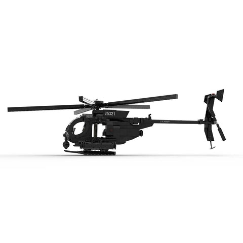Side view of Dope Little Bird MH6 Helicopter Model Kit for Adults and Hobbyists, 595 Piece Military Helicopter Building Blocks Set, Creative Ornament