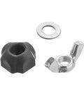 Six Pack CNC Arcuate Press Plate Clamps T Slot Hold Down Fixture Fastener for Milling Router Engraving Machine Workholding Setup and Tool Accessory, includes a black knob, washer, and silver clamp part.