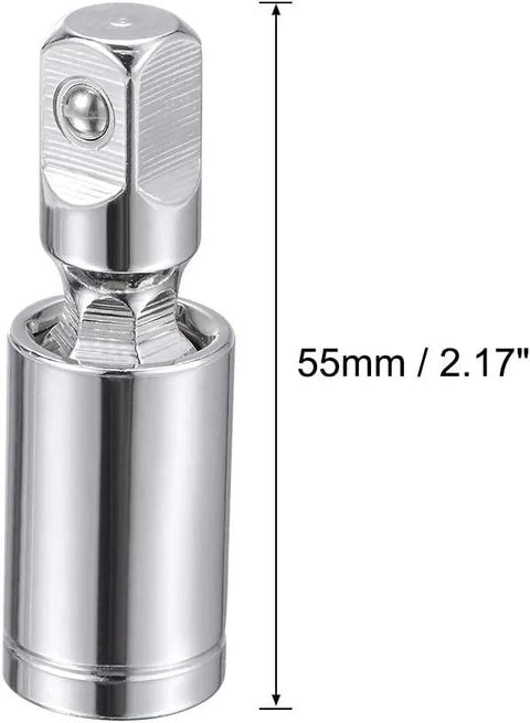 Chrome 3/8 inch universal joint socket adapter, 55mm length, metal reducer adapter