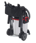 16-Gallon Stainless Steel Wet Dry Shop Vacuum With Cart, Pro Hose, Drain And Blower Port, rear view with accessories, Red