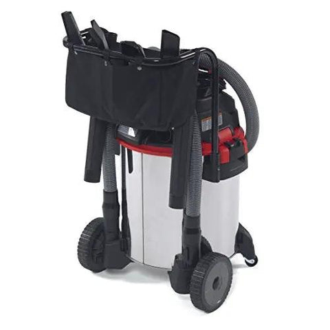16-Gallon Stainless Steel Wet Dry Shop Vacuum With Cart, Pro Hose, Drain And Blower Port, rear view with accessories, Red