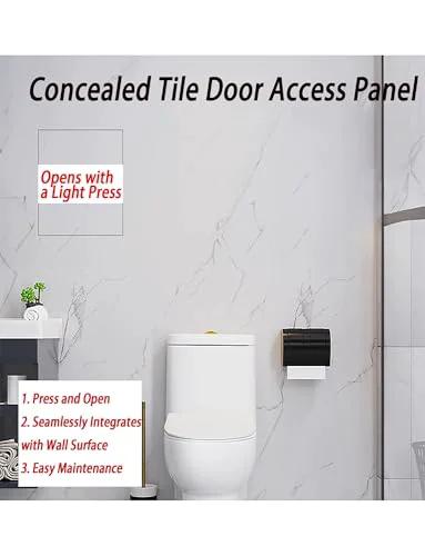 Seamless, heavy duty concealed hinges install invisibly behind tile in bathroom, for hidden access panels with clean, modern look.