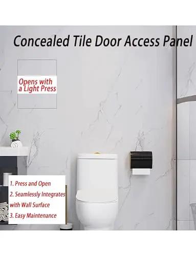 Concealed door access panel for tiles, flush-mounted with easy press operation, featuring sleek design for bathroom setup.